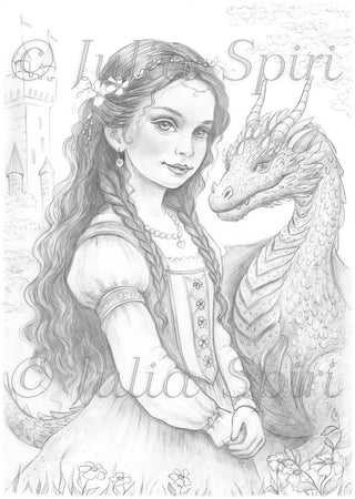 Grayscale Coloring Page. Medieval Girl with Dragon. Elowen and the Dragon’s Heart