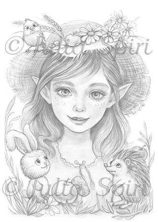 Grayscale Coloring Page. Mischievous Elf with a Bird, Hedgehog and Rabbit. Elven Harmony