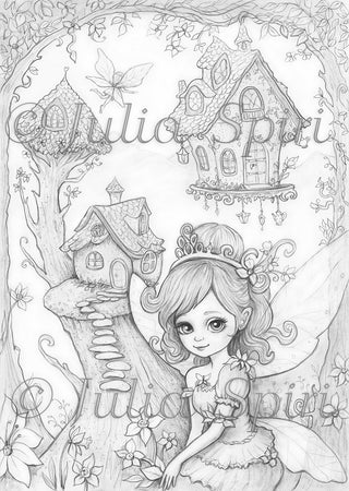 Grayscale Coloring Page, Fairies and Houses. Fairy World