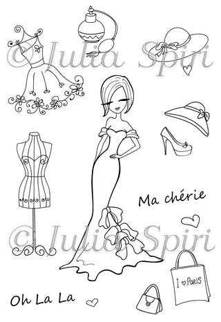 Coloring page + bonus elements for cut. Parisian Girl with Elegant Dress and Accessories. Fashion in Paris