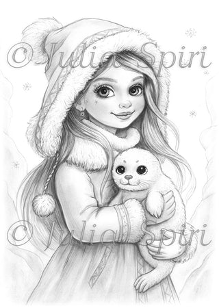 Grayscale Coloring Page. Winter Girl with Seal. Freya and the Seal Pup
