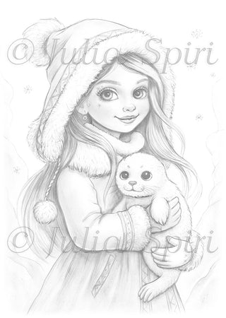 Grayscale Coloring Page. Winter Girl with Seal. Freya and the Seal Pup