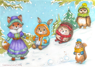 Grayscale Coloring Page. Winter Games. Furry Friends on Frosty Hills