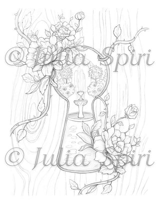 Página para colorear, Alicia en el país de las maravillas, Keyhole y Roses. Puerta de jardín