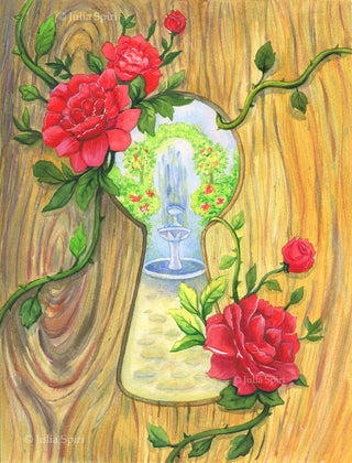 Página para colorear, Alicia en el país de las maravillas, Keyhole y Roses. Puerta de jardín