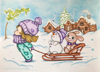 Coloring Page, Girl with Sled in Snow Winter. Sledding is fun