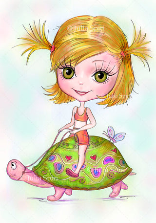 Coloring page. Girl on a Turtle
