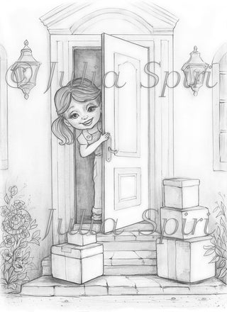 Grayscale Coloring Page, Lovely Girl receives the Packages. Happy Mail