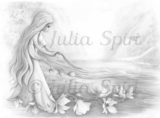 Grayscale Coloring Page, Fantasy Landscape with Magnolias. "He who lives in harmony with himself lives in harmony with the universe"