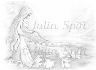 Grayscale Coloring Page, Fantasy Landscape with Magnolias. "He who lives in harmony with himself lives in harmony with the universe"