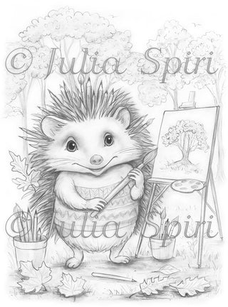 Grayscale Coloring Page, Whimsy Hedgehog in Autumn Forest. Hedgehog's Plein Air Masterpiece