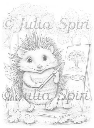 Grayscale Coloring Page, Whimsy Hedgehog in Autumn Forest. Hedgehog's Plein Air Masterpiece