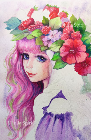 Página para colorear en escala de grises, Retrato de niña de fantasía con fresa y frambuesa. Vibras de verano