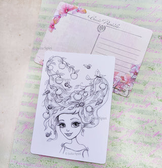 Postcard for Coloring. Summer Vibes. Apple Hairstyle
