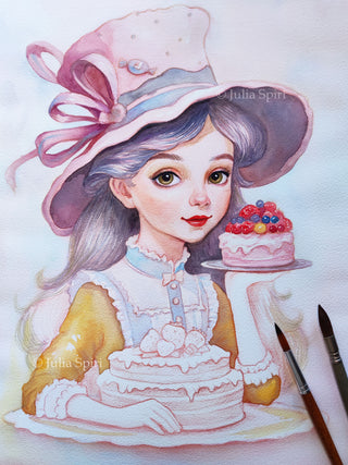 Page de coloriage en niveaux de gris, Whimsy Girl avec des gâteaux. Douce tentation
