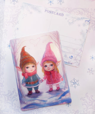 Postcard, Winter Story. Little Gnomes in Winter
