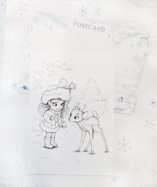 Postcard for Coloring. Winter Story. Lesly and fawn