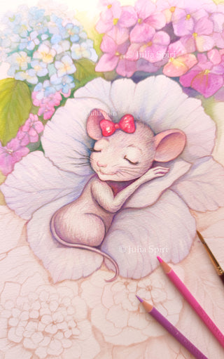 Original Watercolor Painting. A Hydrangea Bed for the Sleeping Sweet Mouse