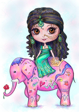 Coloring page, Cute Girl. Indian Girl on an Elephant