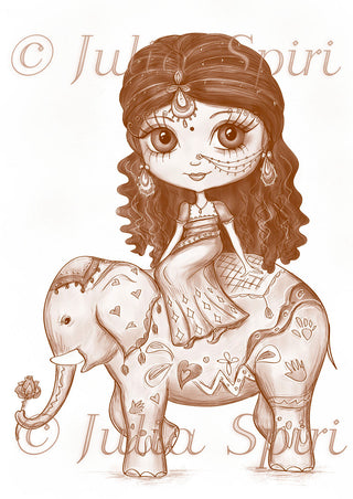 Coloring page, Cute Girl. Indian Girl on an Elephant