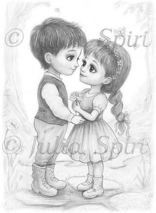 Grayscale Coloring Page, Girl and Boy in Love. Innocent Romance