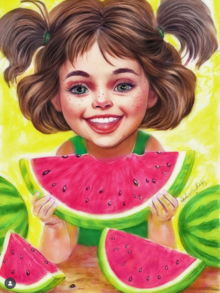 Grayscale Coloring Page. Smiling Girl with Watermelon. A Bite of Summer
