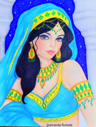 Grayscale Coloring Page, Fairy Tale One Thousand and One Nights. Scheherazade’s Spellbinding Gaze