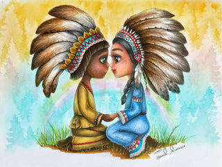 Coloring Page, Girl & Boy, American Indians, Kiss. Love is