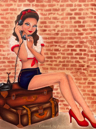 Grayscale Coloring Page, Vintage Girl with Phone on a Case Baggage. Kelly