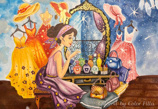 Grayscale Coloring Page. Beautiful Girl with Dresses, Hats, Handbags and Perfumes. The Dreaming Wardrobe