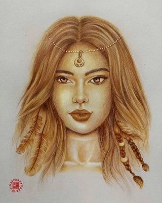 Grayscale Coloring Page, Realistic Portrait of Boho Girl. Onalee