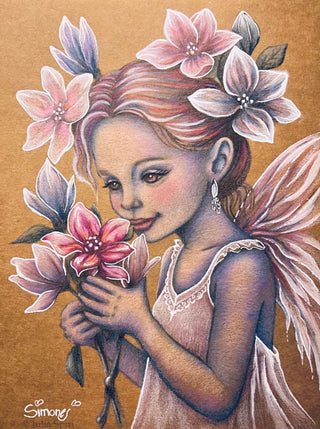 Grayscale Coloring Page. Whimsy Fairy Girl with Magnolias. Whispers of Magnolia