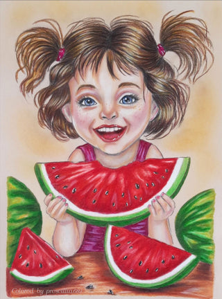 Grayscale Coloring Page. Smiling Girl with Watermelon. A Bite of Summer