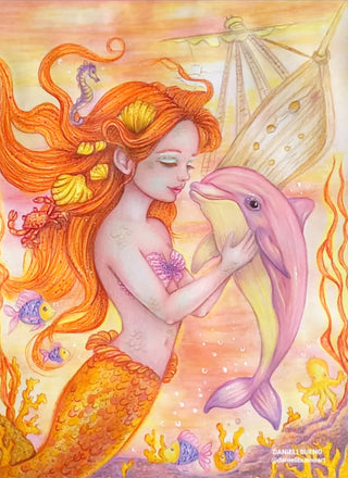 Grayscale Coloring Page, Mermaid Playing with Sea Creatures. The Mermaid’s Dolphin