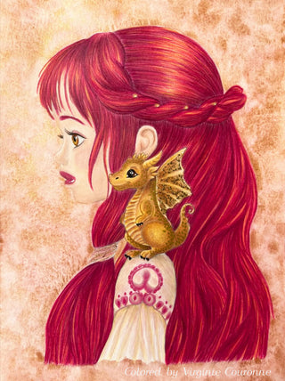 Grayscale Coloring Page. A Petite Princess Kaira and her Lovable Dragon Sidekick