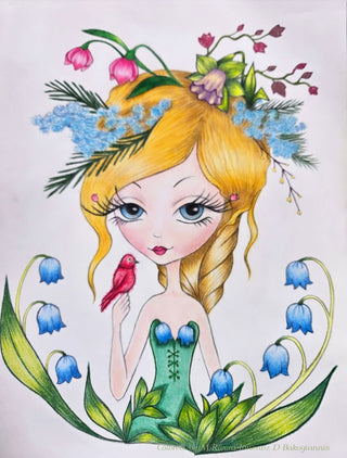 Coloring page, Fantasy Girl. The Spring Flowers