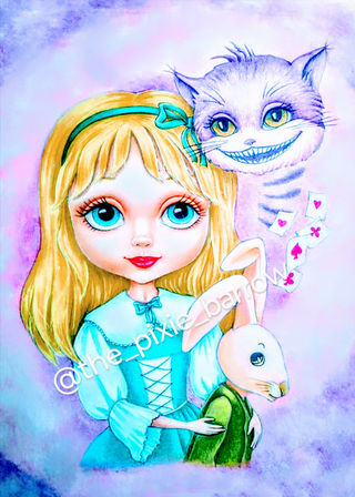 Page de coloriage, Alice et chat de Cheshire, lapin, cartes. Alice au pays des merveilles