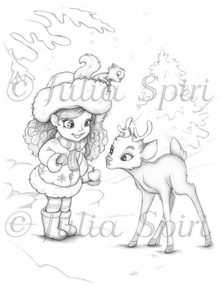 Coloring Page, Cute Girl and Deer in Snow Winter. Lesly and fawn - The Art of Julia Spiri