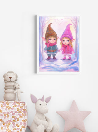 Original Watercolor Painting. Little Gnomes in Winter