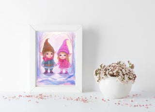 Original Watercolor Painting. Little Gnomes in Winter
