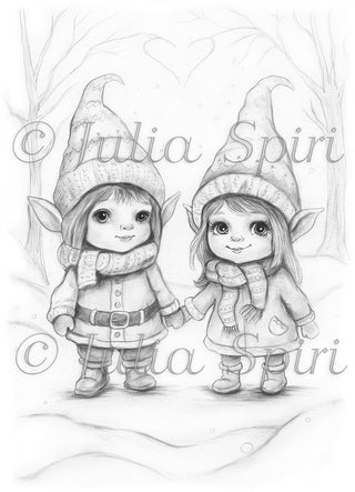 Grayscale Coloring Page. Little Gnomes in Winter