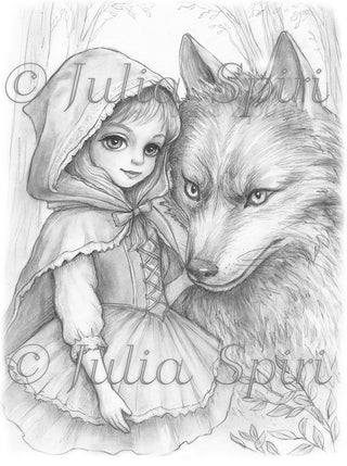 Grayscale Coloring Page, Fairy Tale. Little Red Riding Hood and The Wolf