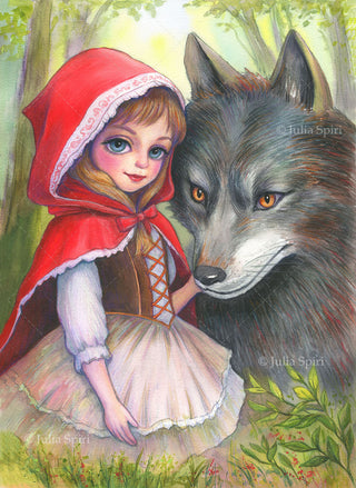 Original Watercolor Painting. Little Red Riding Hood and The Wolf