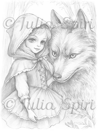 Grayscale Coloring Page, Fairy Tale. Little Red Riding Hood and The Wolf