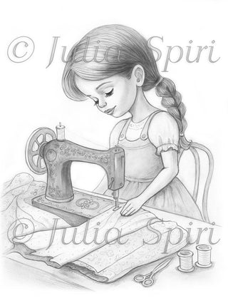 Grayscale Coloring Page, Little Girl sews on sewing machine. Little Seamstress