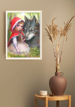 Original Watercolor Painting. Little Red Riding Hood and The Wolf