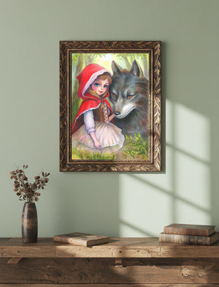 Original Watercolor Painting. Little Red Riding Hood and The Wolf
