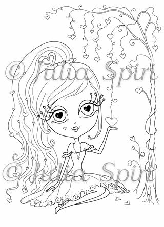 Coloring page, Whimsy Girl with Hearts. Love Dreams