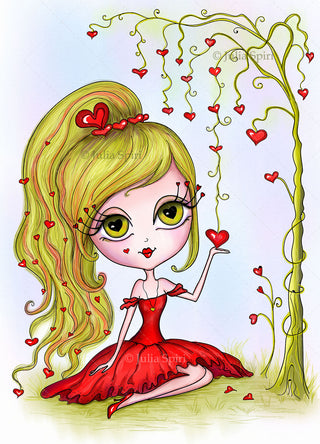 Coloring page, Whimsy Girl with Hearts. Love Dreams
