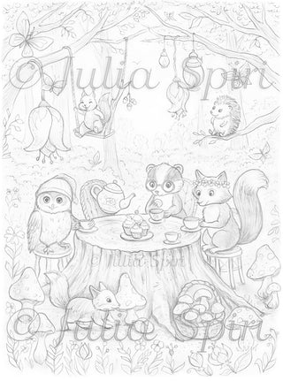 Grayscale Coloring Page. Owl, Raccoon, Fox, Squirrel, Hedgehog at the Forest Tea Party. Magical Woodland Picnic